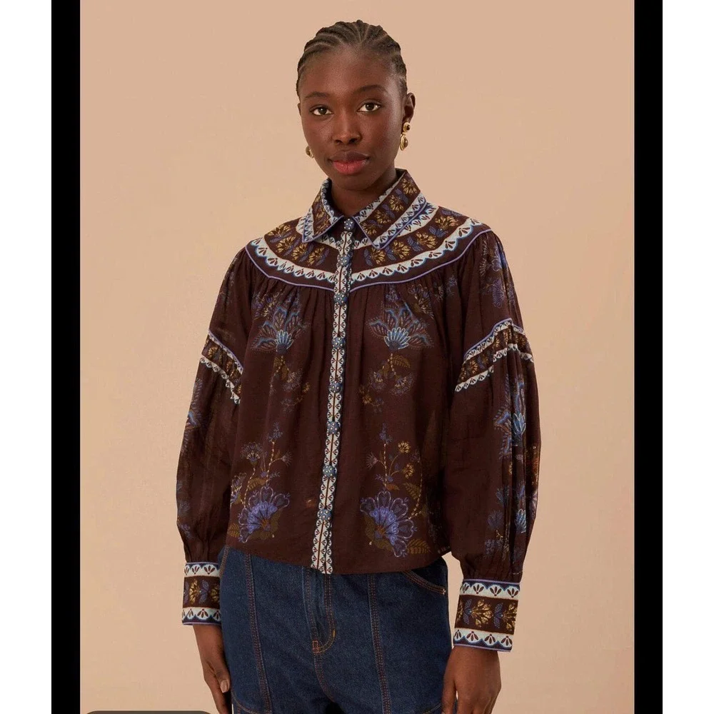 FARM Rio Brown Embroidered Garden Blouse – Size XS – Brand New
